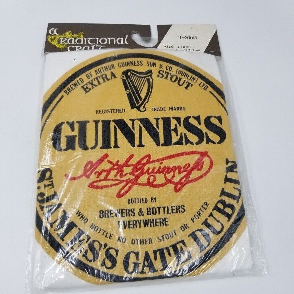 Vintage Traditional Craft Mens Guiness T Shirt L White Tex Print Ireland New